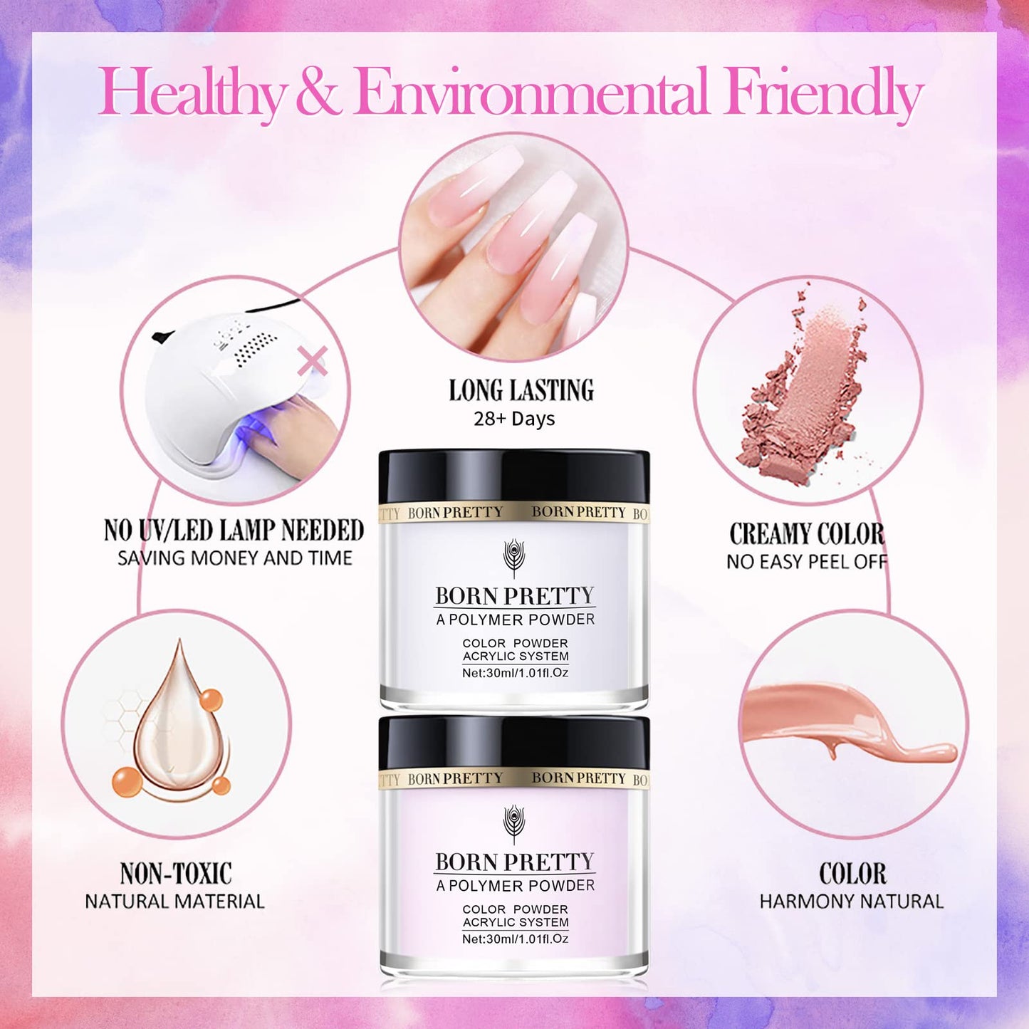 BORN PRETTY Acrylic Nail Kit - Acrylic Powder (Clear, White, Pink) & Liquid Set with Nail Forms, Brush Pen, File & Glass Container - Beginner Friendly