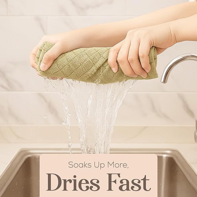 MosJos Kitchen Towels, Sage Taupe Diamond Pattern Drying Towels 18 x 28 Super