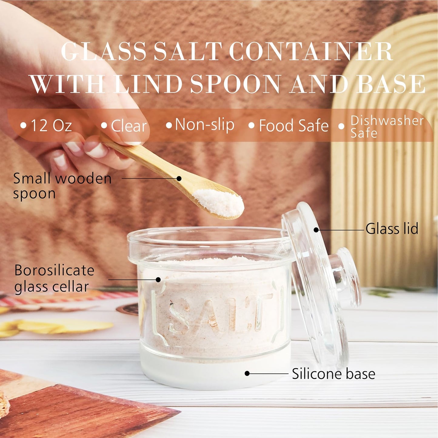FANQIEW Glass Salt Cellar with Lid Salt Container with Spoon for Countertop Embossed Pattern Salt Box for Storing Sea Salt Flaky Salt Spice 12oz Capacity Holder, Dishwasher Safe