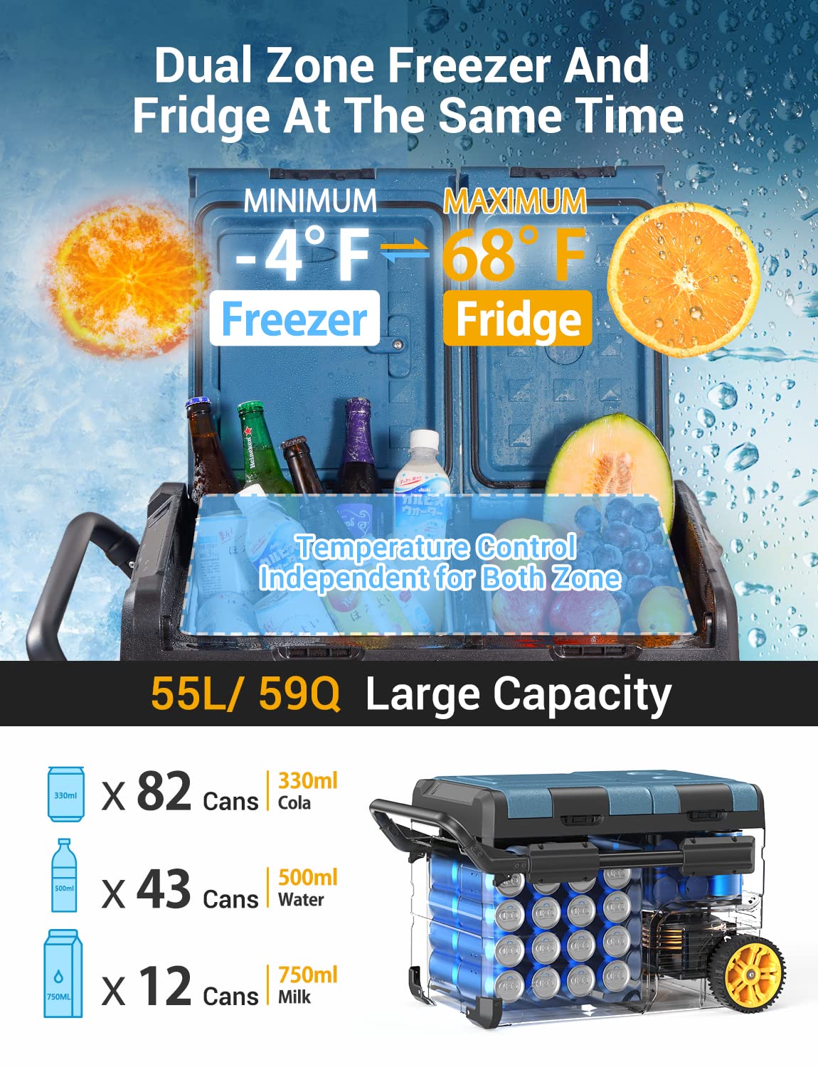 Rock&Rocker 12 Volt Car Refrigerator,59 Quart (55L) 12v Portable refrigerator,Car Fridge Freezer, -4℉-68 Car Cooler 12/24V DC and 100-240V AC for RV, Outdoor Camping APP Control