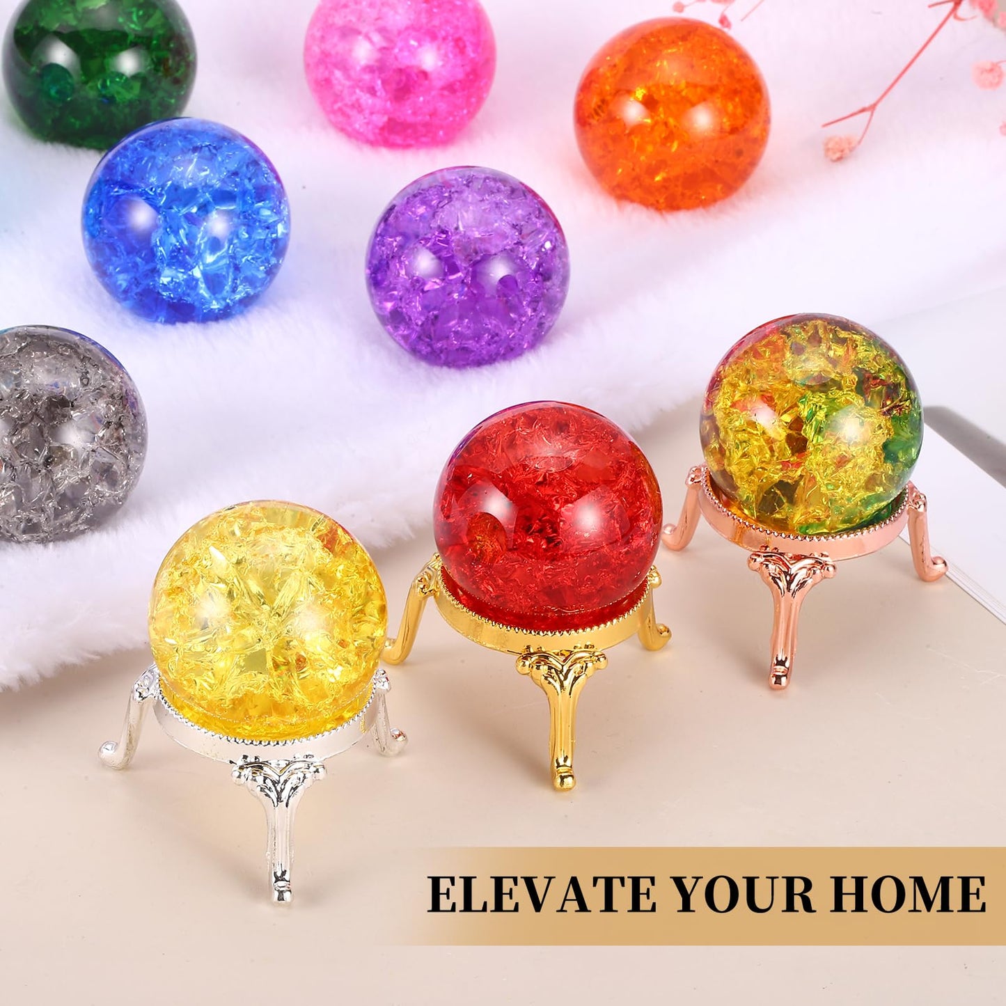 PATIKIL Crystal Ball 40mm, Ice Cracked Glass Ball with Metal Stand, Decorative Crystal Sphere Glass Paperweight for Home Office Table Decor, Purple/Gold