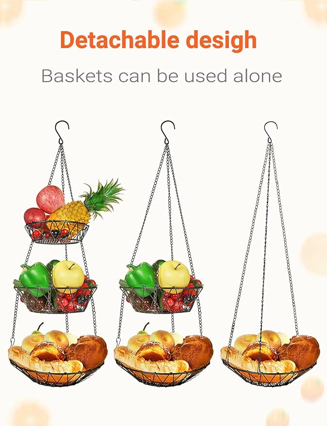 3 Tier Hanging Basket with Sturdy Metal Chain Hanging Hooks Fruit and Vegetable