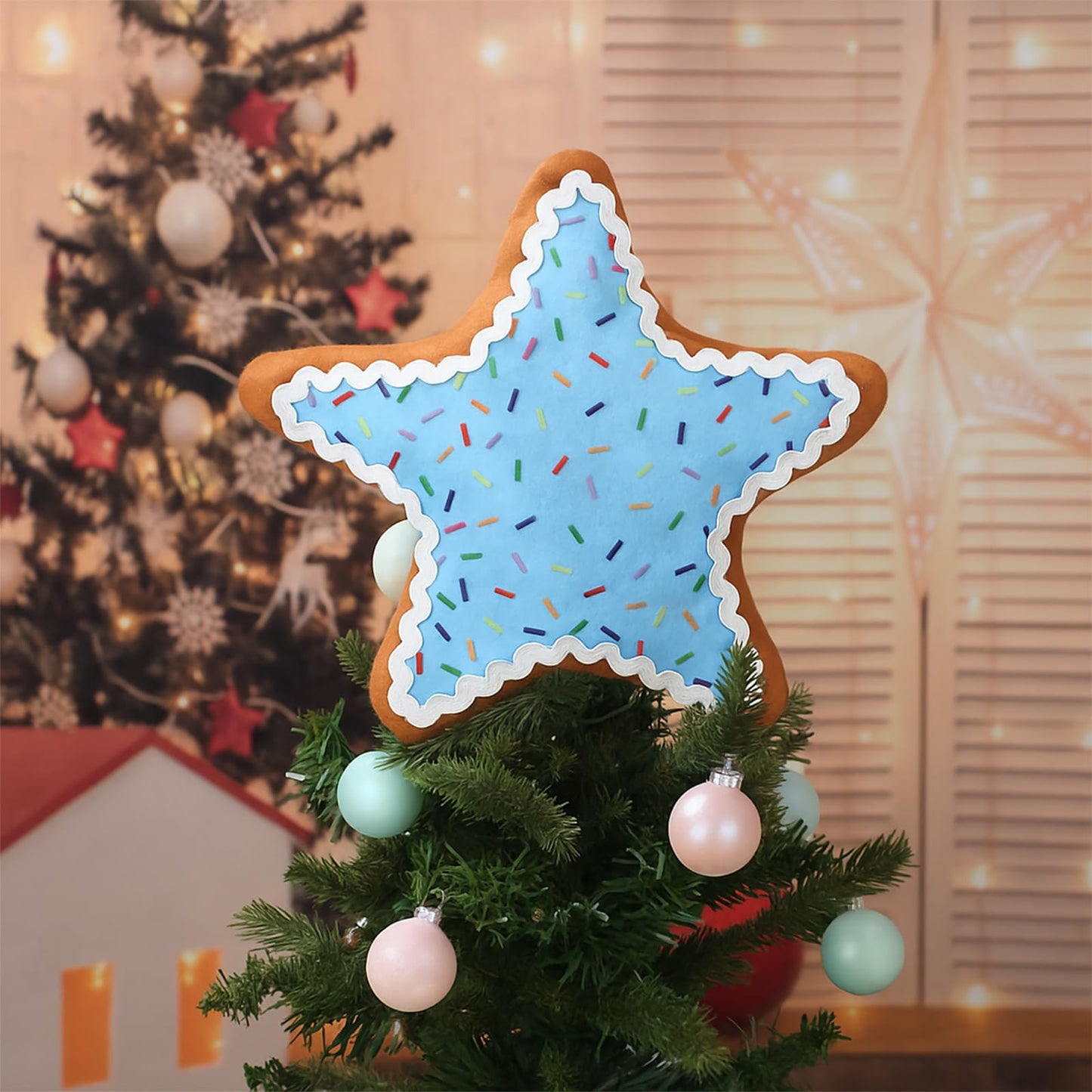 Seematn 10 Inch Christmas Candy Treetop Plush Stuffed Pastel Star Tree Topper Frosting Christmas Treetop Ornament for Xmas New Year Winter Holiday Party Decor Home