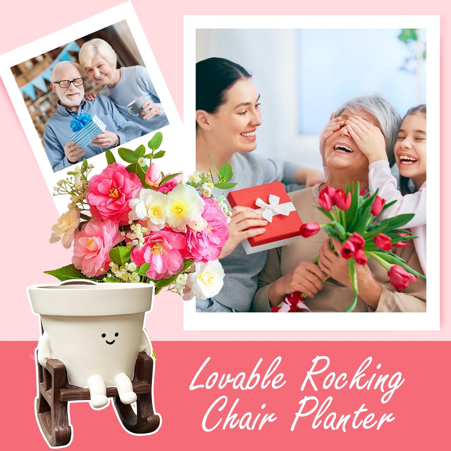 Smiley Face Planter Pot Small, Cute Resin Flower Head Planters for String of Pearls Plant Live Indoor Outdoor Unique Sit Rocking Chair Succulent Pots Gift Ideas for Family Friends with Drainage Hole