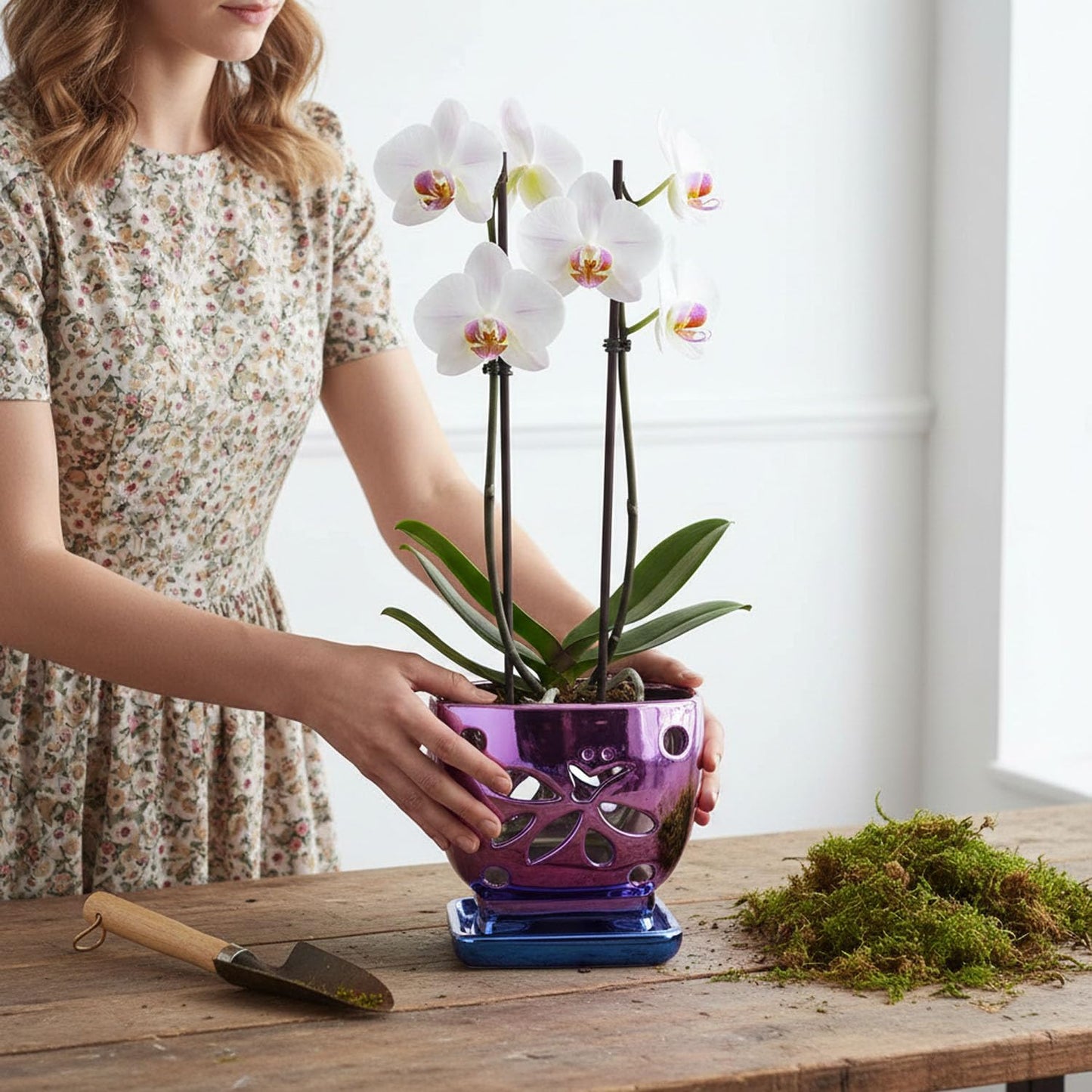 Grdthzey Orchid Pots with Holes Square Ceramic Orchid Planter Pots 5.5 inch (Purple)