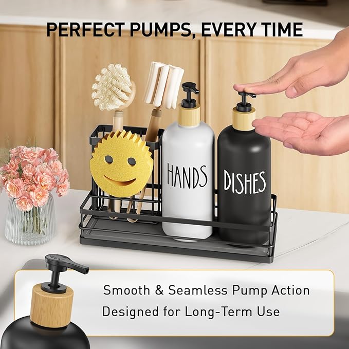 Moforoco Kitchen Dish Soap Dispenser Set, 16OZ Glass Bottle, Hand and Dish Soap