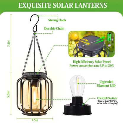 Solar Hanging Lanterns Outdoor: 2 Pack Metal Solar Hanging Lights with Hook, Bright - Warm Waterproof LED Lanterns for Outside, Classic Decorative Solar-Powered Light for Yard Garden Patio Porch Decor
