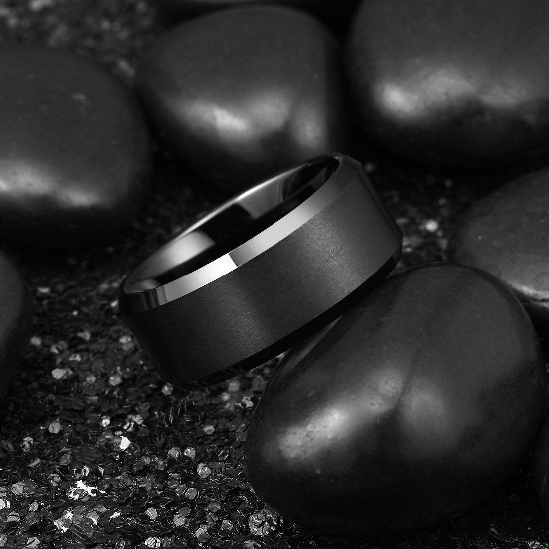 King Will 10mm Men's Black Wedding Ring - Brushed Matte Surface, Beveled Polished Edge, Comfort Fit Size 9