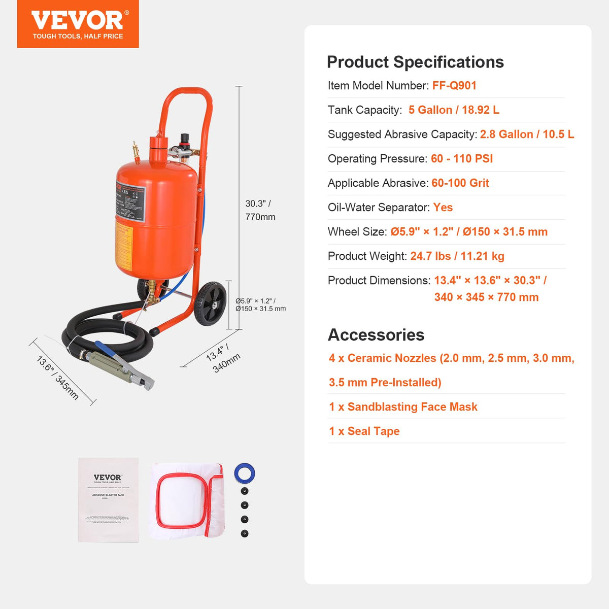 VEVOR 5 Gallon Sand Blaster, 60-110 PSI High Pressure Sandblaster, Portable Abrasive Blasting Tank, Air Sand Blasting Kit with 4 Ceramic Nozzles and Oil-Water Separator for Paint, Stain, Rust Removal