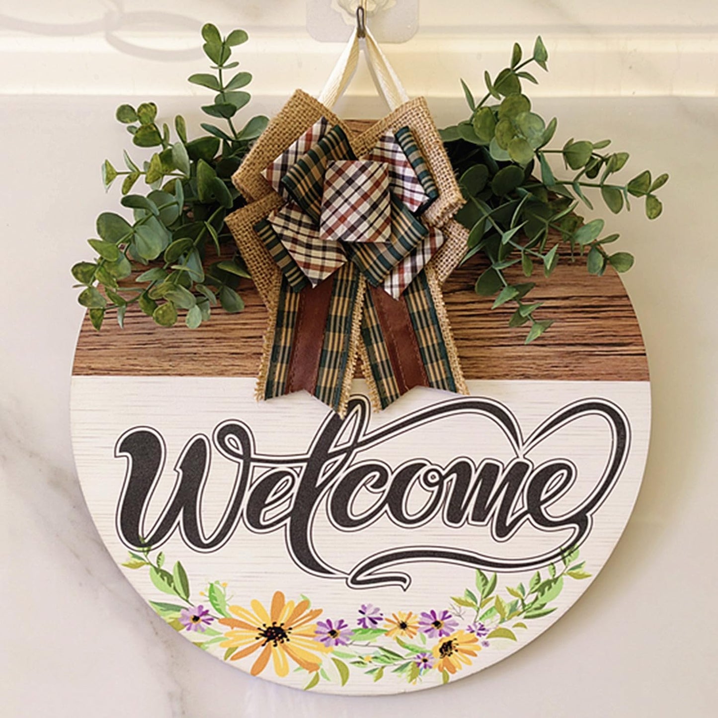 Welcome Sign Front Door Decoration 12 Inch Round Wood Wreath Wall Hanging Outdoor, Farmhouse, Porch, Suitable for Spring Summer Fall Seasons Holidays Christmas (Grass Green)