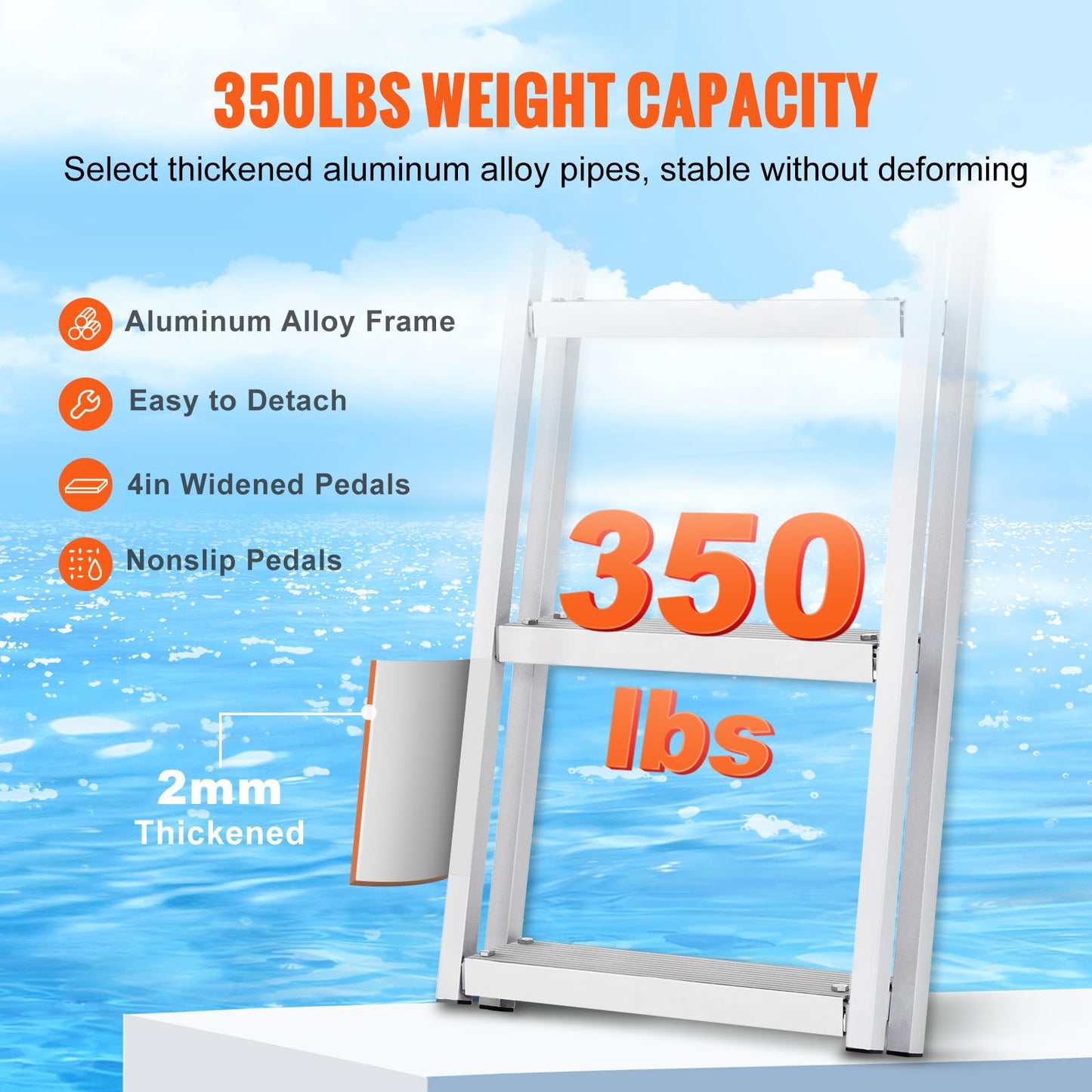 VEVOR Removable Dock Ladder 4 Steps, 350 lbs Load Capacity, Pontoon Boat Ladder with 4'' Wide Step & Nonslip Mat for Ship/Lake/Pool/Marine Boarding