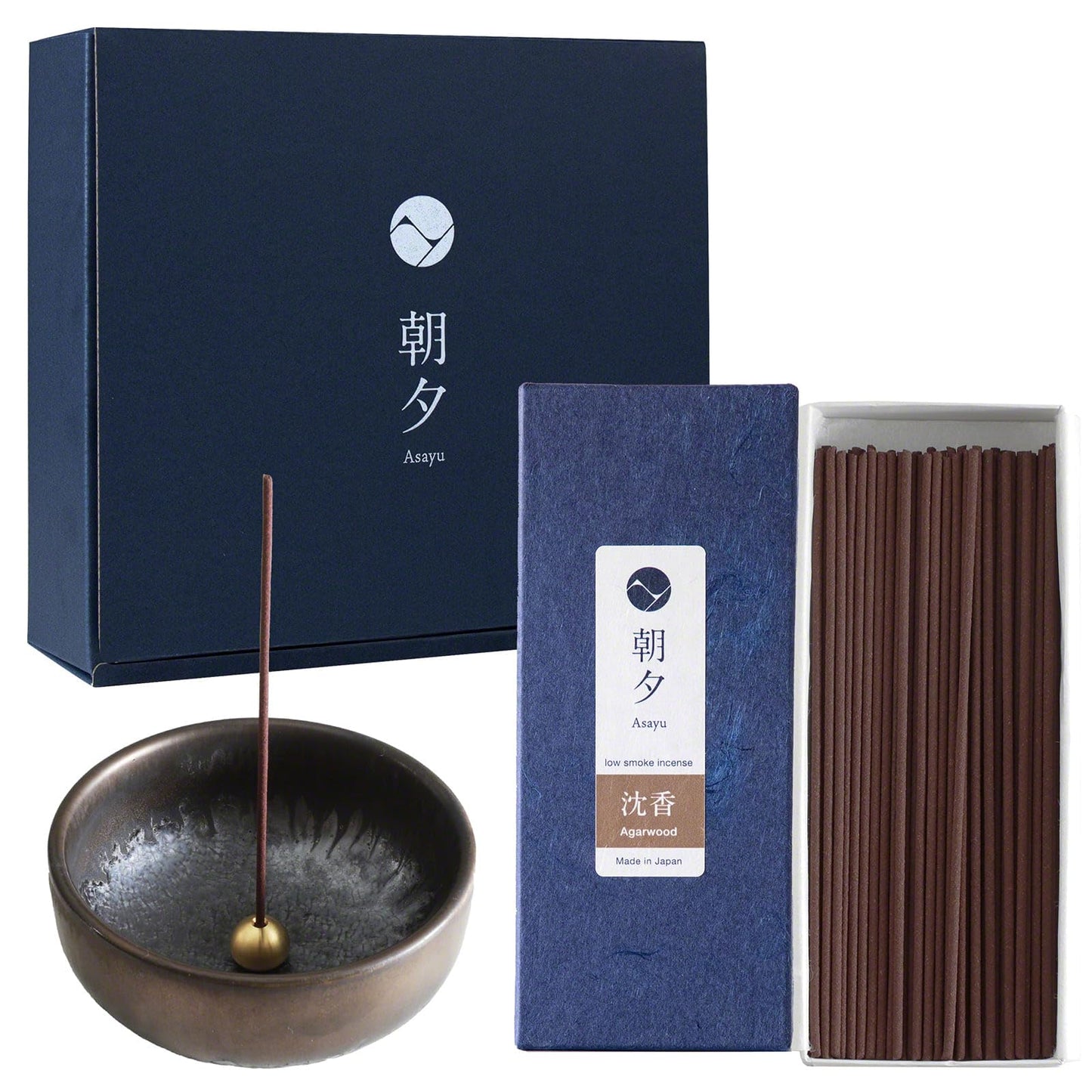 Asayu Japan Low Smoke Incense Gift Set with Incense Holder and Brass Stand, Agarwood Incense Sticks with Zen Holder