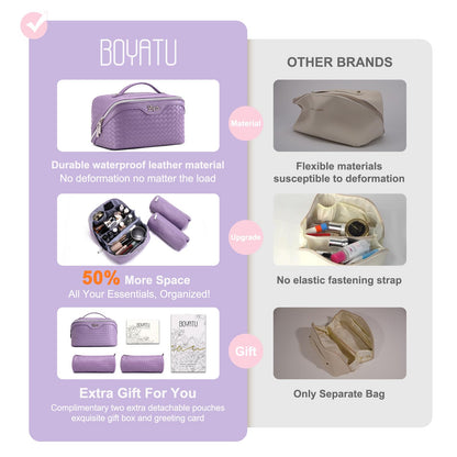 BOYATU Travel Makeup Bag Cosmetic Bags for Women: Large Capacity 3 Pcs Set Make up Bag with Compartments - Waterproof Vegan Leather Toiletry Organizer Bags with Handle (L01 Purple)