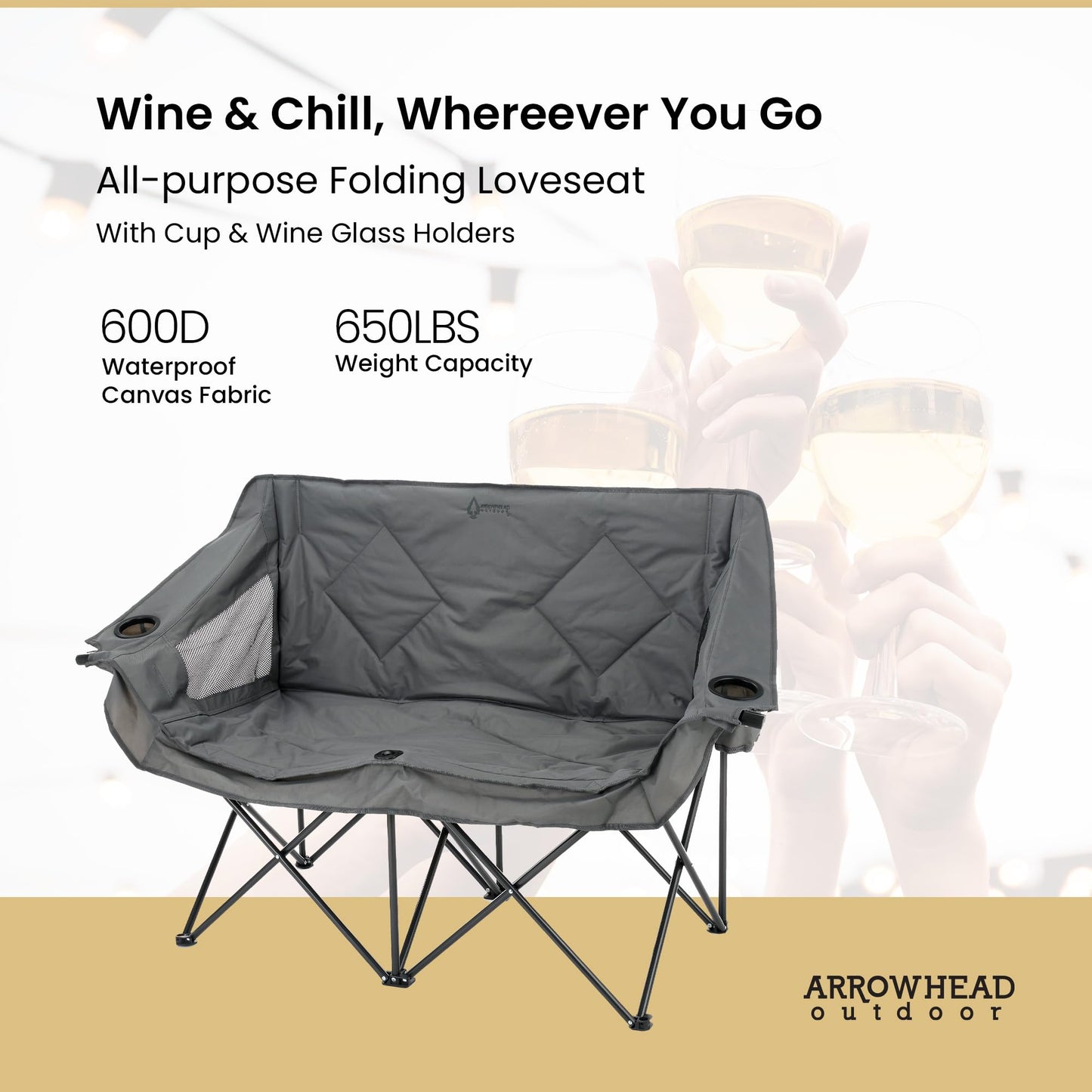 ARROWHEAD OUTDOOR 2-Pack Portable Folding Double Duo Camping Chair Loveseat w/ 2 Cup & Wine Glass Holder, Carrying Bag, Supports up to 650lbs