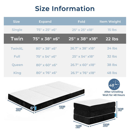 Freesof Odorless Foldable Mattress Twin Size 75" x 38" x 6", 6 Inch Medium Firm Folding Foam Mattress with Storage Bag, Fiberglass Free Trifold Memory Foam Mattress for RV, Guest Bed
