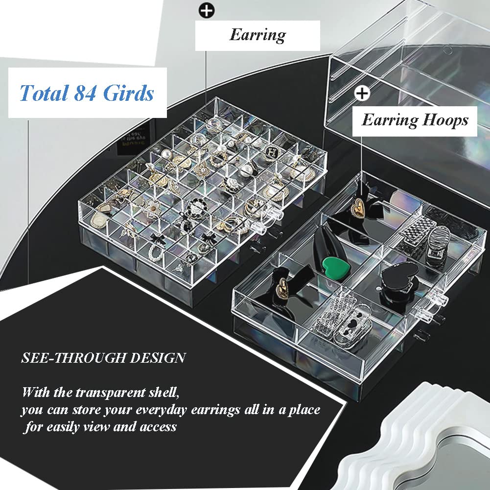 YUFONG Jewelry Boxes Earring Storage Box Organizer 5 Drawers Jewelry Organizer Acrylic Jewelry Storage Box Holder Compartment Transparent Display Storage Case Gift for Women Girls (84 Girds)