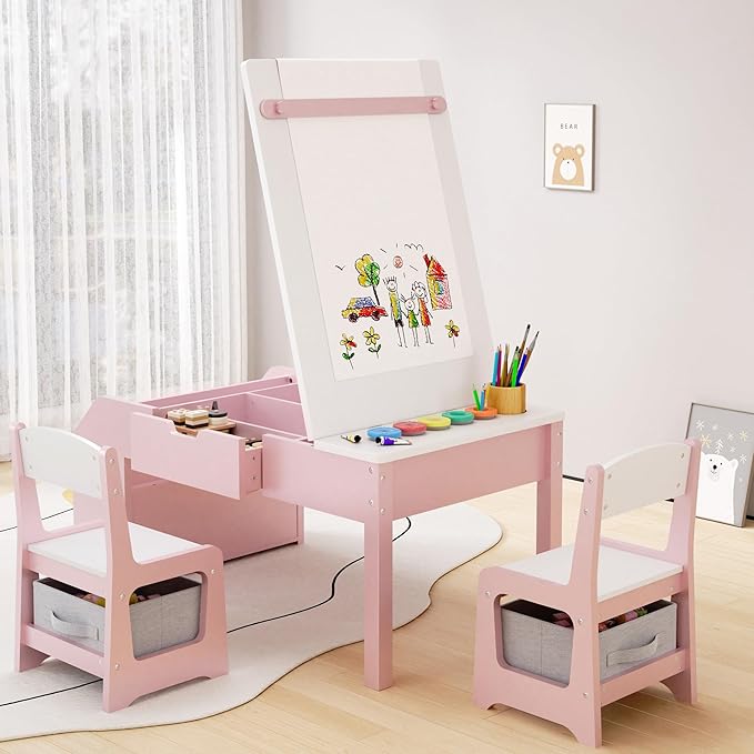 5-in-1 Kids Art Table and Chairs, Wood Toddler Table and Chair Set