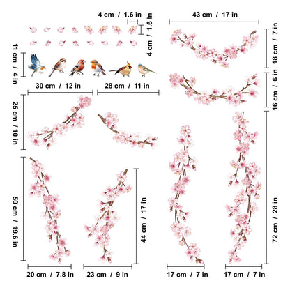 Cherry Blossom Wall Decals, Pink Vine Flowers, Hanging Floral Tree Branch and Birds Peel & Stick Wall Stickers for Bedroom, Living Room, Nursery, Sofa, Office Decor