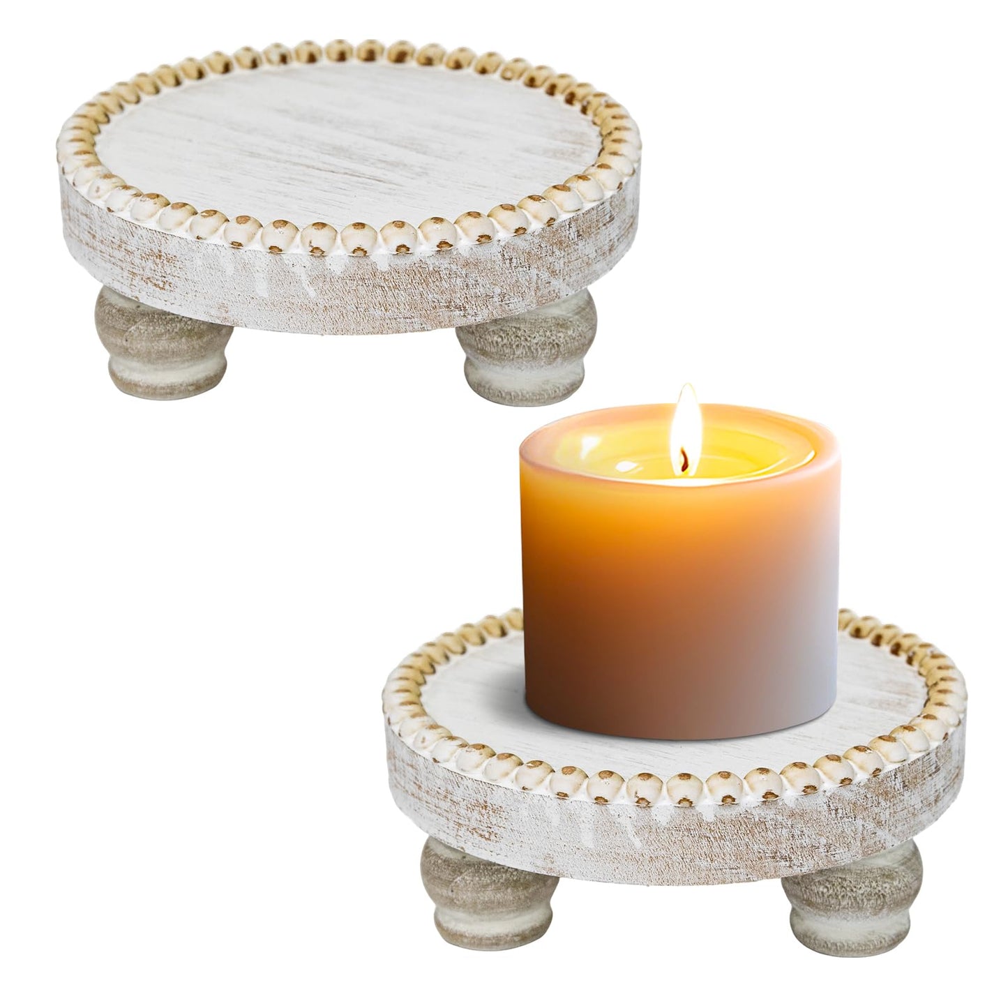 Small Wood Risers for Decor, Round Wooden Display Risers Candle Plates and Trays, Farmhouse Candle Trays Home Decor, Pedestal Stand for Mini Cake, Mug Display Decorative, Table Centerpiece, White