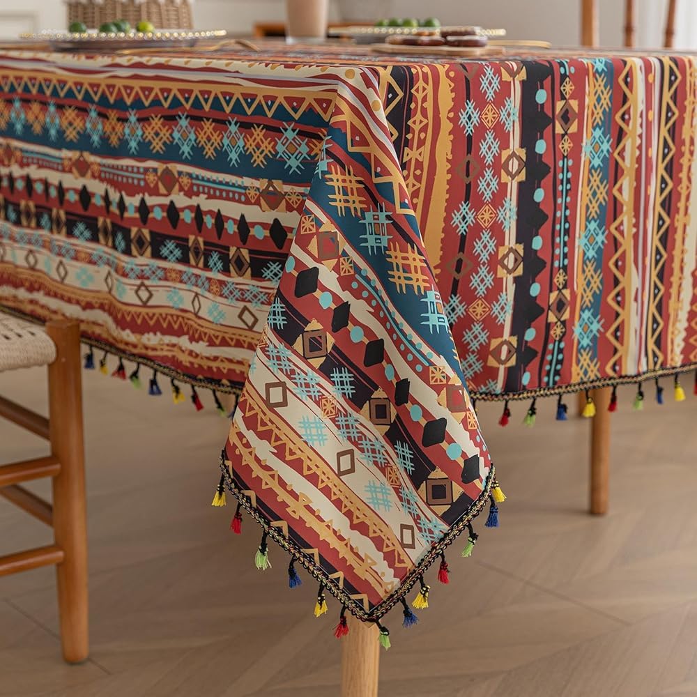 Erbnaryx Handblock Print Tablecloth for Square Tables, Red Table Cover with Fringed Edges, Decorative Tablecloth for Kitchen and Dining Room,59"x 102"