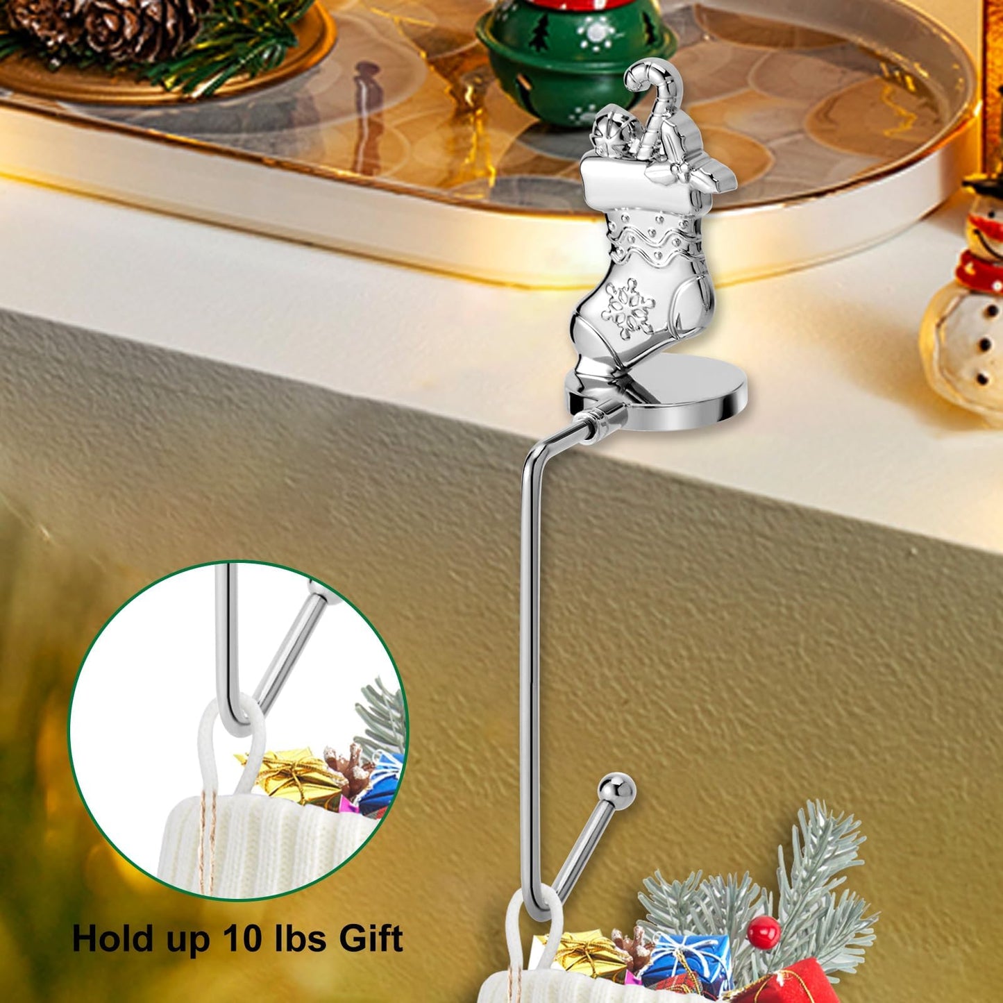 Christmas Stocking Holders for Mantel Set of 8, Non-Slip Adjustable Mantle Stocking Holders, Snowflake Snowman Reindeer Angel Bell Fireplace Stocking Hangers Set for Party Christmas Decorations
