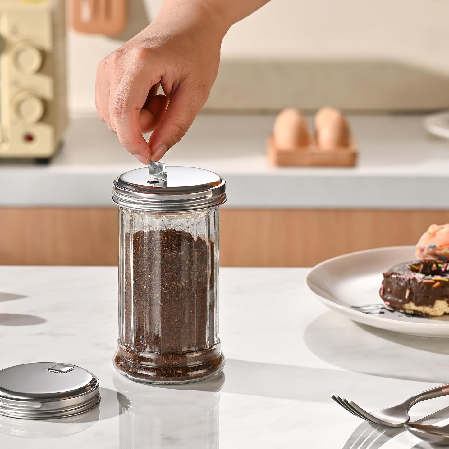 Fox Run Classic Glass Sugar Shaker, 12 Ounce Salt and Sugar Container With Stainless Steel Lid