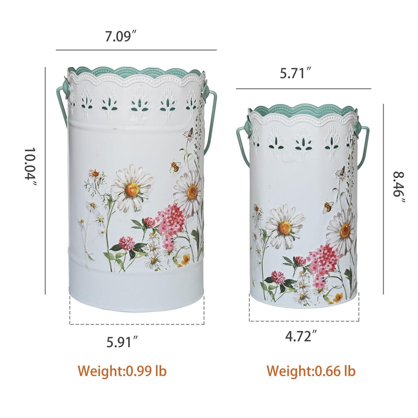 Zorvynelle Set of 2 Rustic White Metal Flower Pots, Decorative Floral Buckets Farmhouse Iron Vases Planters for Dried Flowers, Faux Plants, Home Garden Decor