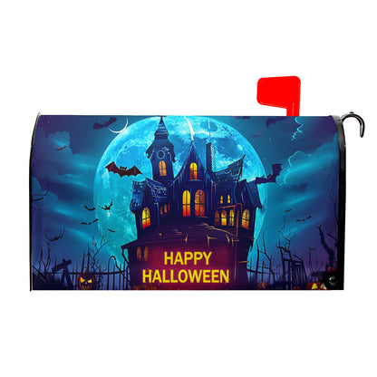 Happy Halloween Mailbox Covers Magnetic Scary Night Haunted House Waterproof Mail Box Wraps Large Size 25.5x21 Inch Full Moon Bats Decorative Blue Letter Box Cover for Home Garden Yard Outside