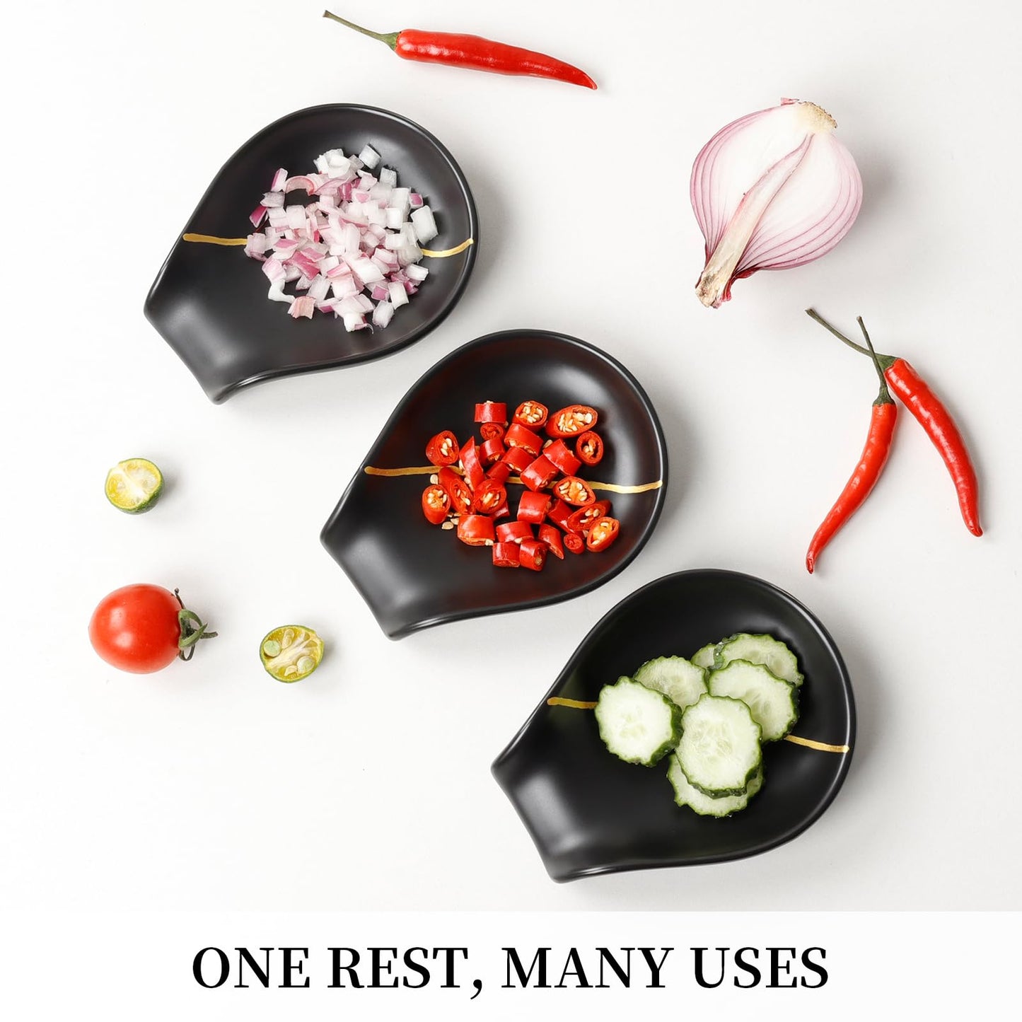 BosilunLife Black Ceramic Spoon Rest – Kintsugi Style Spoon Holder for Stove Top and Kitchen Countertop, Dishwasher Safe (Black)