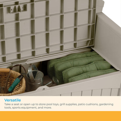 Suncast 50 Gallon Patio Bench with Storage - Decorative Resin Outdoor Patio Bench for Deck, Patio, Garden, Backyard - Ideal for Storing Toys, Cushions, Tools - Taupe ()