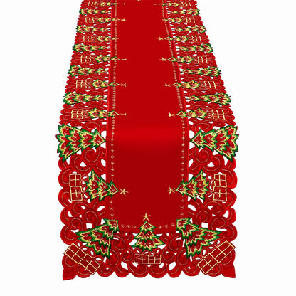 Grelucgo Embroidered Christmas Holiday Holly Tree Table Runner, Dresser Scarf, Rectangular 16 x 72 Inch