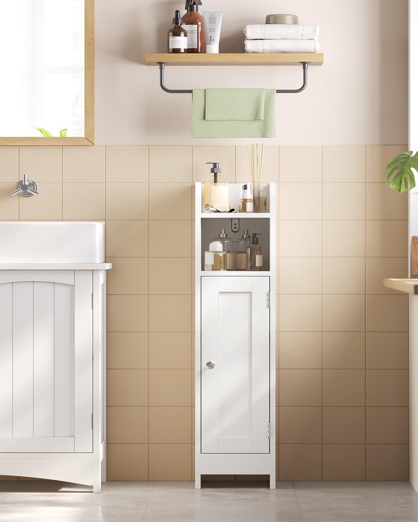 VASAGLE Slim Bathroom Floor Storage Cabinet with Door and Shelves, Freestanding Bathroom Storage Unit, Narrow Bathroom Toilet Paper Storage Cabinet, Adjustable Shelves, White BBC310W01