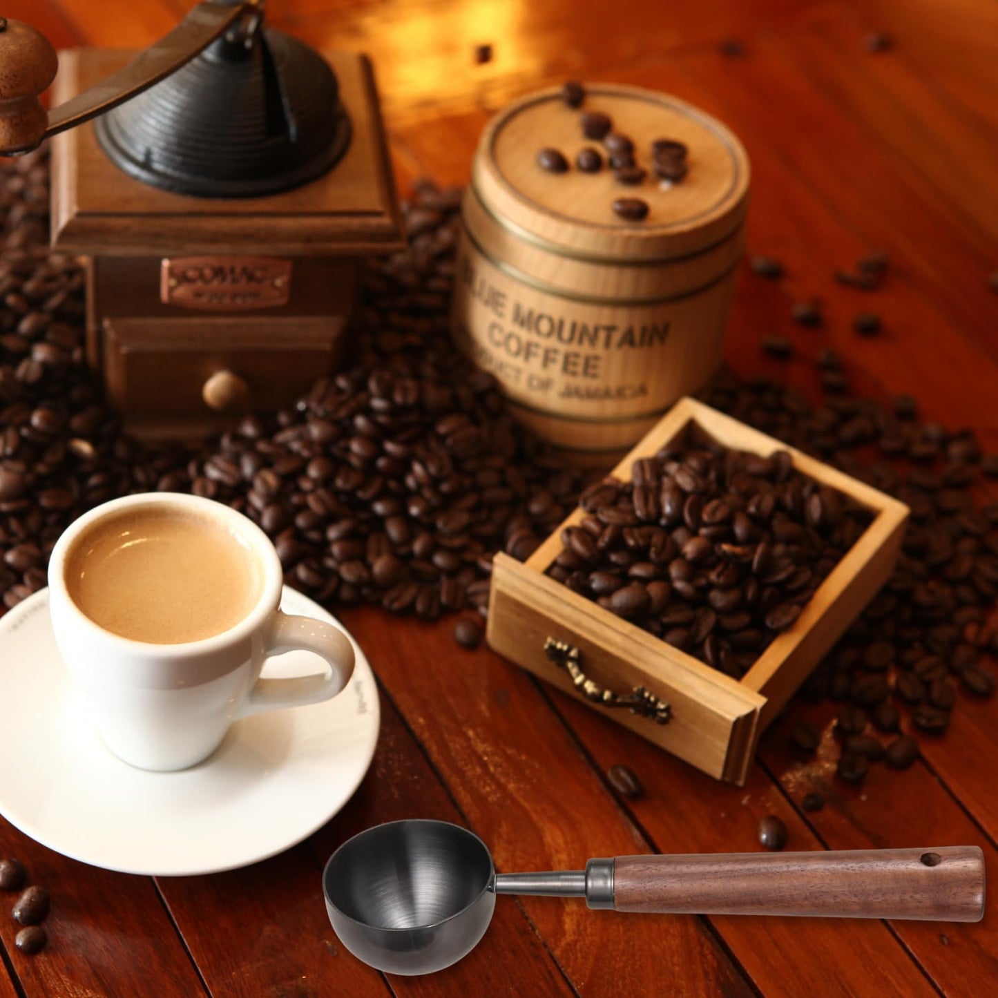 Vintage Coffee Scoop 10g/30ml Capacity 2pcs Retro 304 Stainless Steel Coffee Measuring Spoon Walnut Wooden Handle Coffee Scoop Kitchen Utensil for Measuring Scooping Tea Coffee Spices (Long Handle)