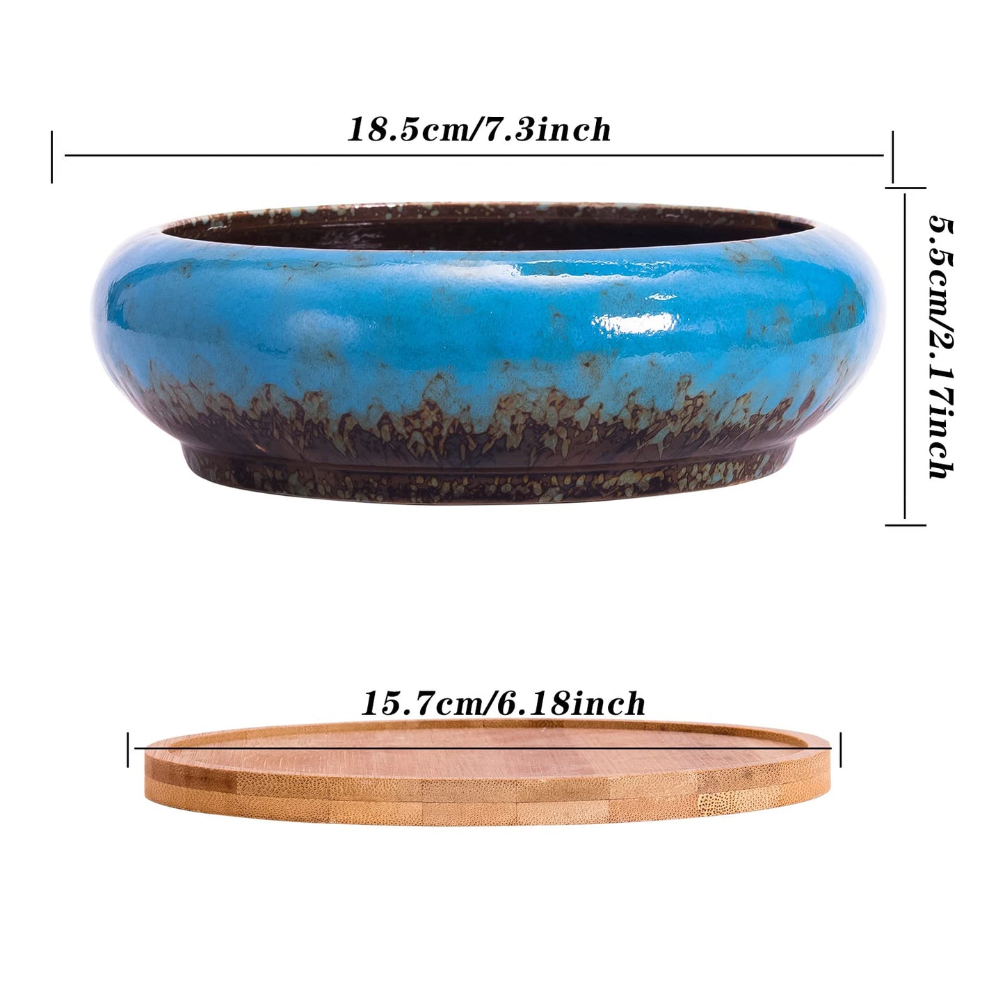 ARTKETTY Succulent Pots - Large Succulent Planters with Drainage, 7.3 Inch Ceramic Bonsai Pots with Bamboo Tray Set of 2, Shallow Cactus Flower Planter Bowl for Indoor