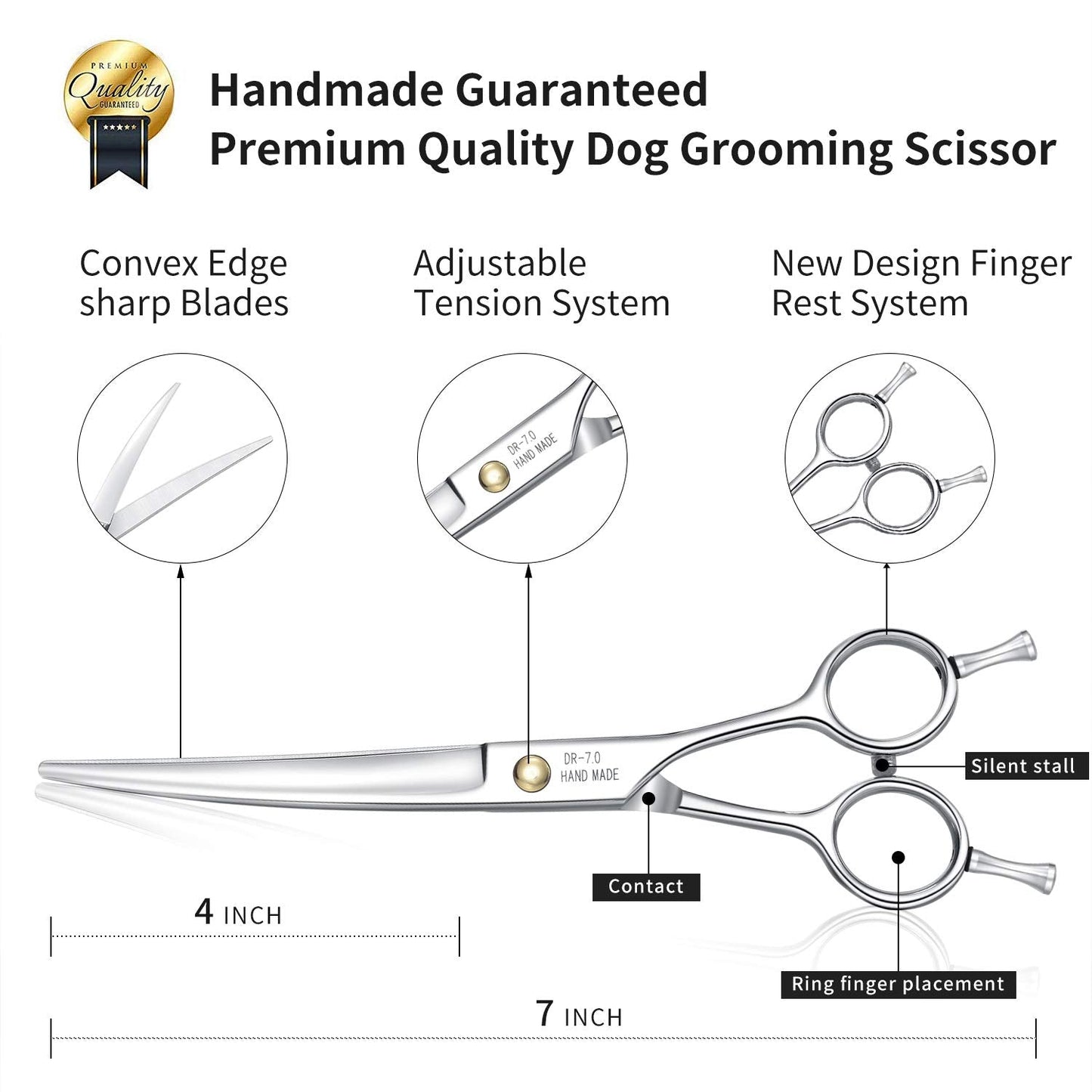 Dream Reach Dog Grooming Scissors - Professional Silver 7" Curved Trimming Shears for Dog Cat Pet Japanese 440C Stainless Steel