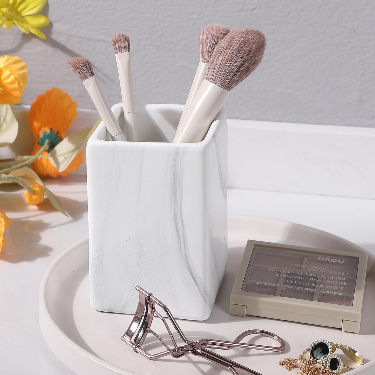 Marble Square Toothbrush Holders - Ceramic Tooth Brushing Holders, Toothbrush Cup, Toothpaste Organizer for Bathroom Countertop, Makeup Brush Holder, Pen Holder for Home Desktop Storage