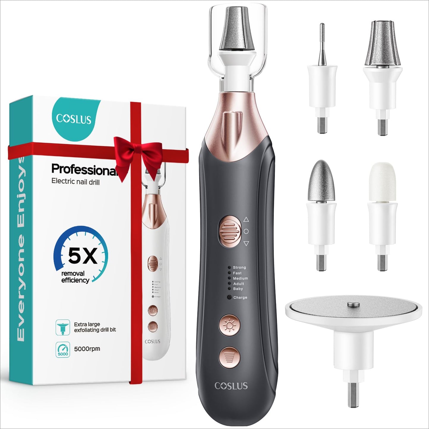 COSLUS Professional Manicure Pedicure Kit, 5-in-1 Electric Nail File for Toenail Hand Feet Care - Wider Grinder for Thick Nails, Cordless, 5 Speed, for Men Women Seniors Home Salon, White, C43(END10)