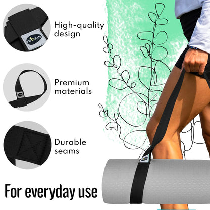 TECEUM Yoga Mat Strap – Black & 30+ Colors – Adjustable Mat Holder Sling Career for All Mats [Mat Not Included]