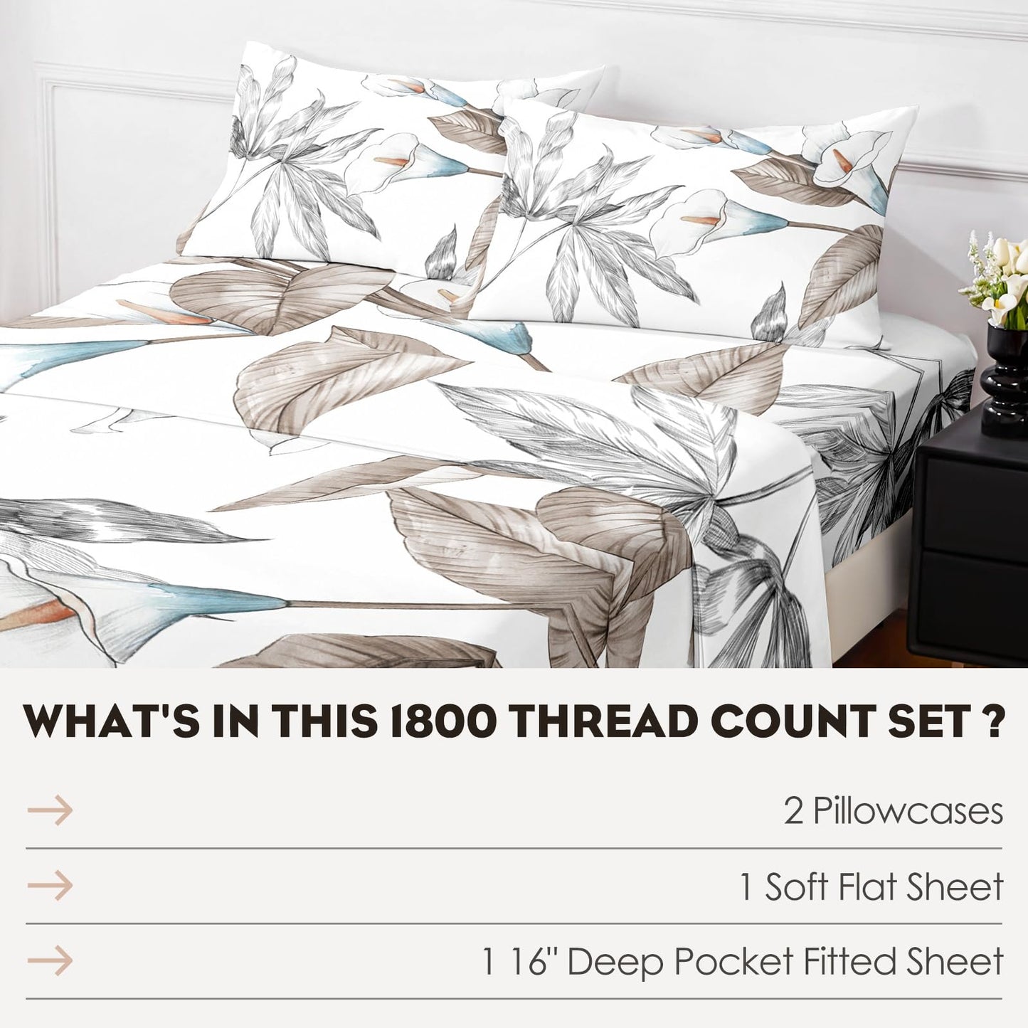 HCORA Floral Queen Sheet Set, Luxury 1800TC Hotel Quality Double Brushed Microfiber Deep Pocket Bed Sheets, Ultra Soft, Breathable and Cooling, 4PC, Queen Size