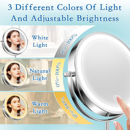 Vanity Mirror with Lights 7" Rechargeable 1x/10x Lighted Makeup Mirror Adjustable Height Double Sided Mirror with Lights 360°Rotating Makeup Mirror