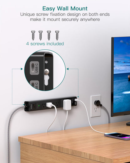 2 Pack Power Strip Surge Protector - 6Ft Extension Cord with 5 Widely Outlets 4 USB (2 USB C) Port, 1875W/15A, Wall Mount, Flat Plug, Desk Charging Station for Home Office College Dorm Room Essentials