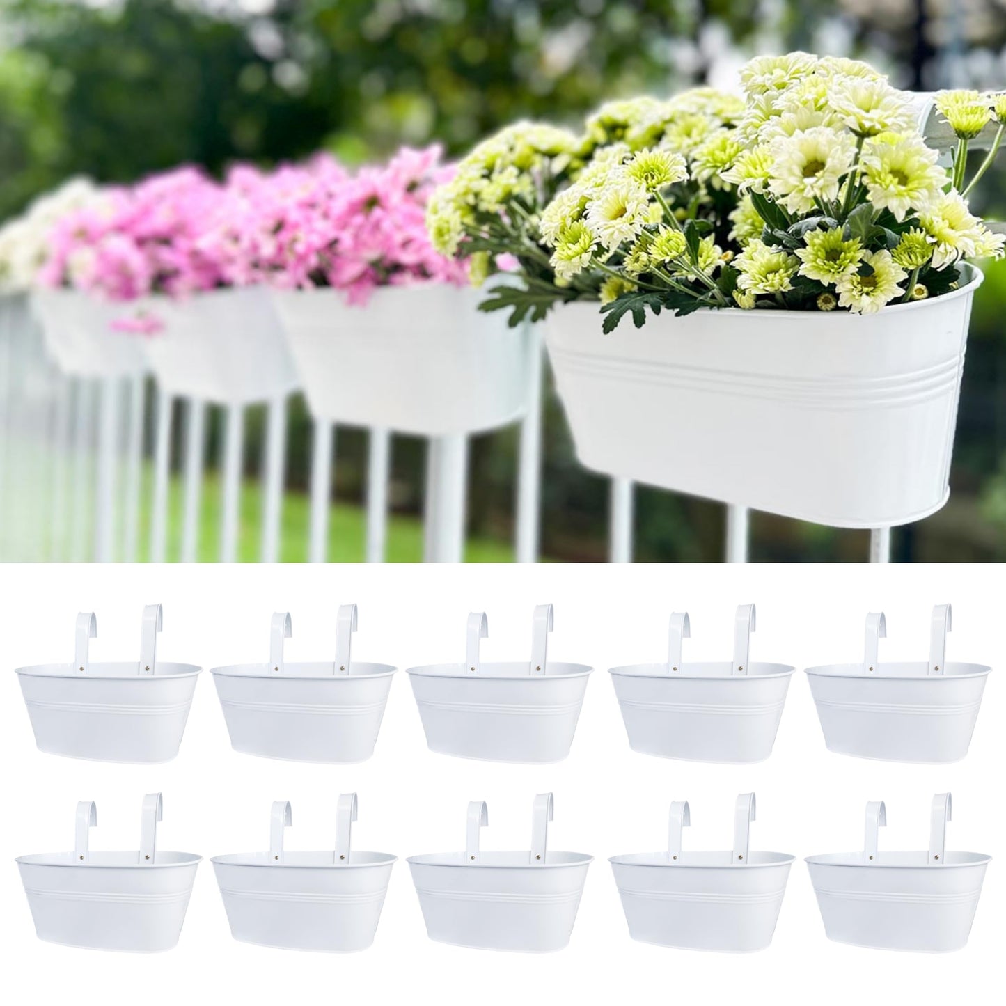 LaLaGreen Outdoor Rail Planter (10 Pack, 9.8 Inch) Small and Cute White Metal Iron Hanging Flower Pot Deck Railings Fence Buckets Countryside Style Wall Mount Window Box Plant Holder Hooks Porch Decor