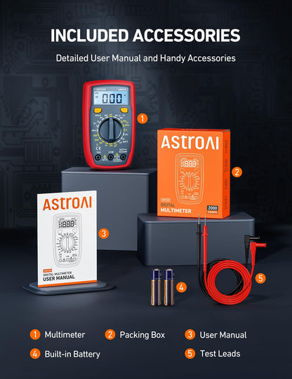 AstroAI Digital Multimeter Voltmeter Ohmmeter Ammeter Multi Tester Meter with Backlit LCD Electronic Test Meter