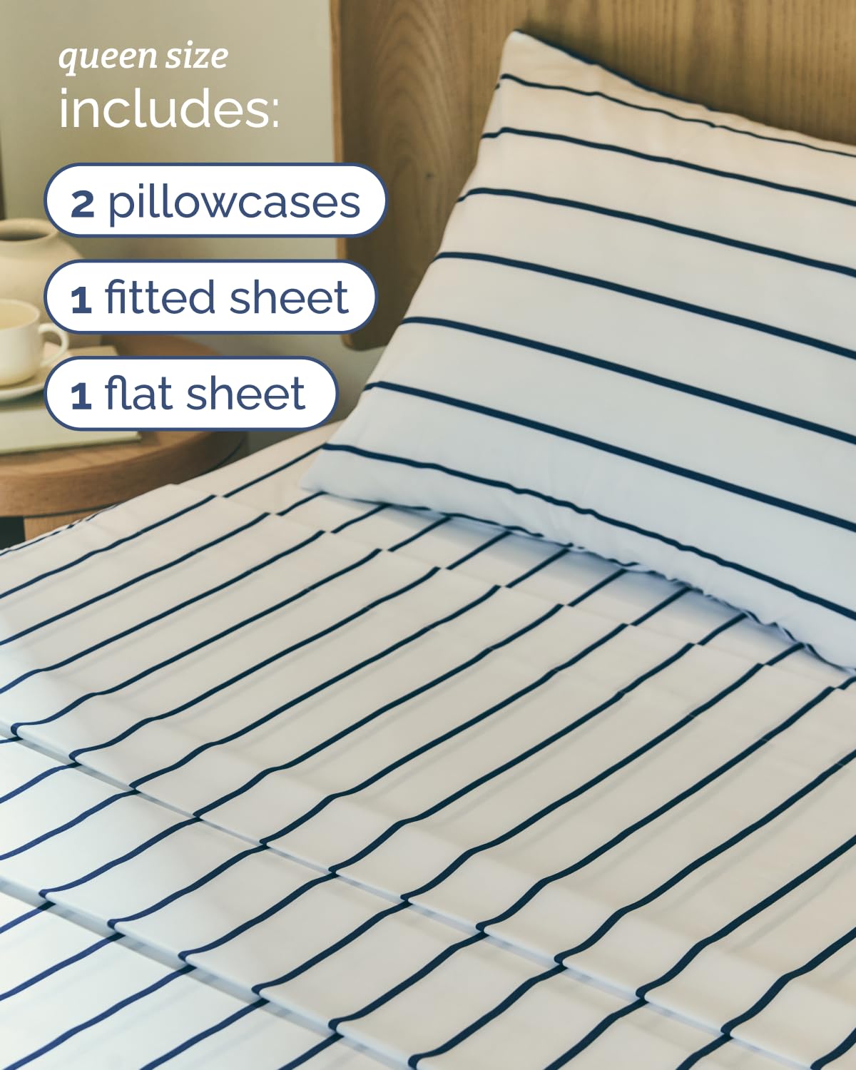 Striped Sheets - Navy Blue & White Striped Sheets - 1 Flat & 1 Fitted & 2 Pillowcases w/ Deep Pockets – Wrinkle & Fade Free - Soft, Breathable & Cooling – Luxury Pinstripe Bedding - Queen Size Bed Set