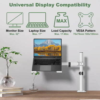 Laptop Desk Mount, Single Laptop Stand Arm with Vented Tray for 17 inch Notebook or 14”-32” Monitor, Holds up to 17.6 lbs, Fully Adjustable, Clamp/Grommet Mounting, VESA 75/100mm