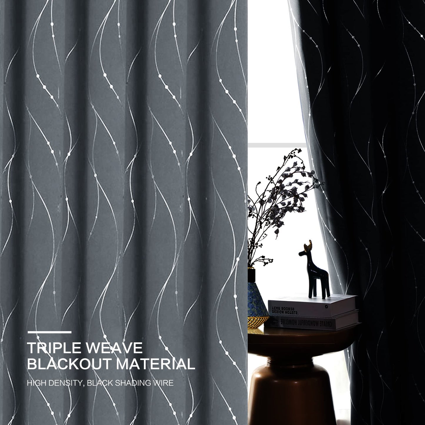 BUHUA Blackout Curtains for Bedroom 2 Panels Set, Grommet Thermal Insulated Room Darkening Window Curtains & Drapes with Wave Line and Dots Printed for Living Room, 38W x 84L Inch, Light Grey