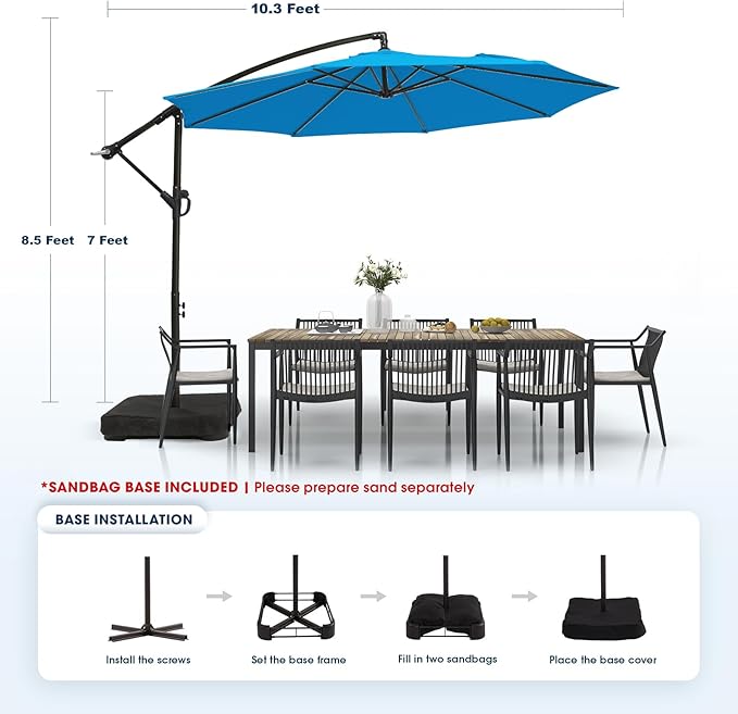 wikiwiki 10ft Patio Umbrella with Base Included, Outdoor Offset Cantilever Umbrella with Sandbag Base for Backyard, Garden and Pool, Easy to Tilt and Crank, Royal Blue