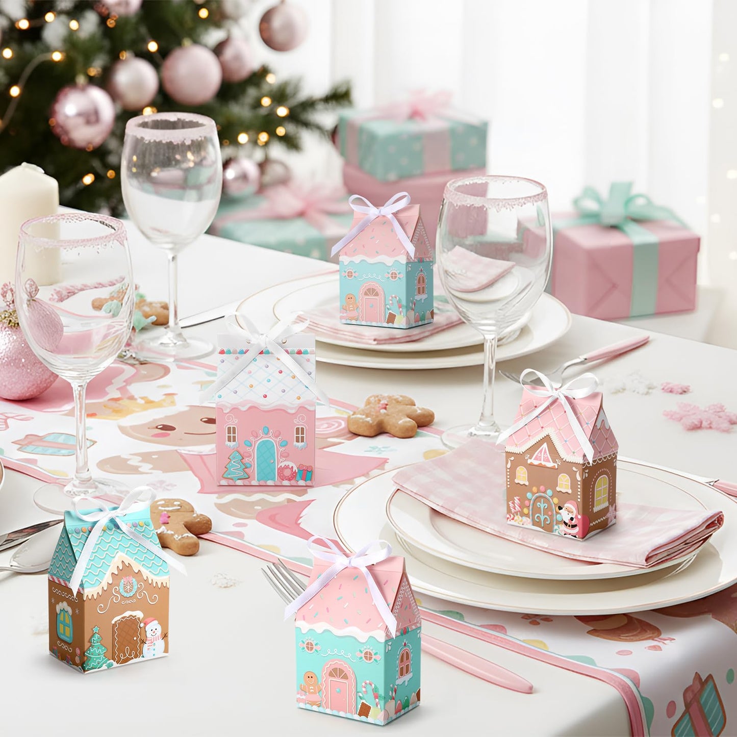 Kritkin 24 Pcs Small Pink Gingerbread House Gift Boxes with Ribbon Mini Christmas Gingerbread House Boxes for Mini Cookie Container Snacks Macaron Candy Dessert Wrapping Holiday Gifts Giving