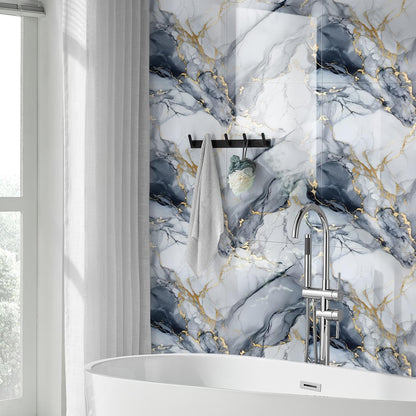 10pcs Thick Marble Peel and Stick Waterproof Wall Panels,Heat-Resistant Backsplash Tile, 23.6"x11.8" PVC Foam Wall Sticker for Kitchen,Living Rooms,TV Walls,Blue and Gold (Not Real Tile 19.4Sq. Ft.)