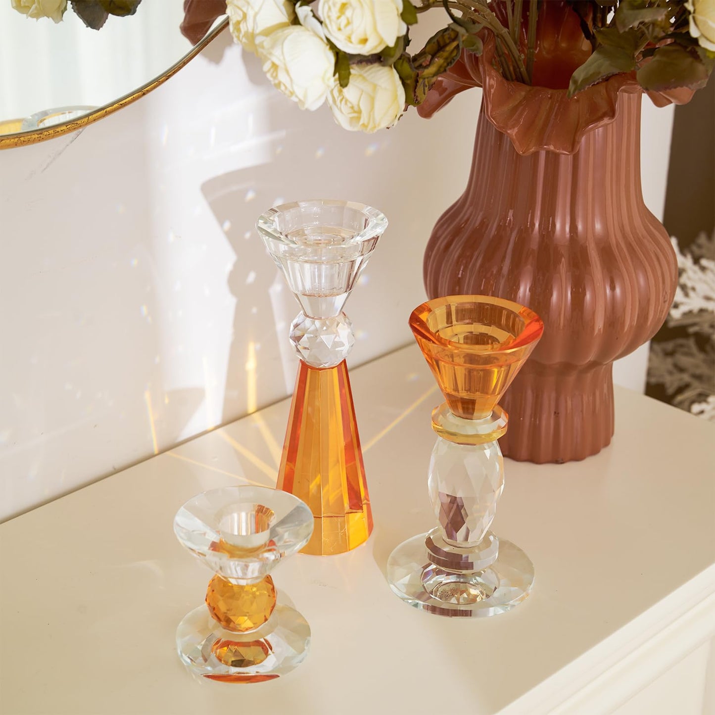 DN DECONATION Glass Candle Holder Set of 3, Candlesticks Holders Amber & Clear Crystal Tealight Candles Holder for Table Centerpiece Wedding Decorations Housewarming Gift Living Room Party